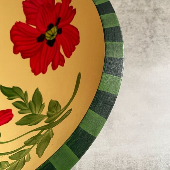 Sherwood Forest Red Opium Poppies Hand Painted Check Rim Maple Wood Salad Bowl - Picture 5 of 7
